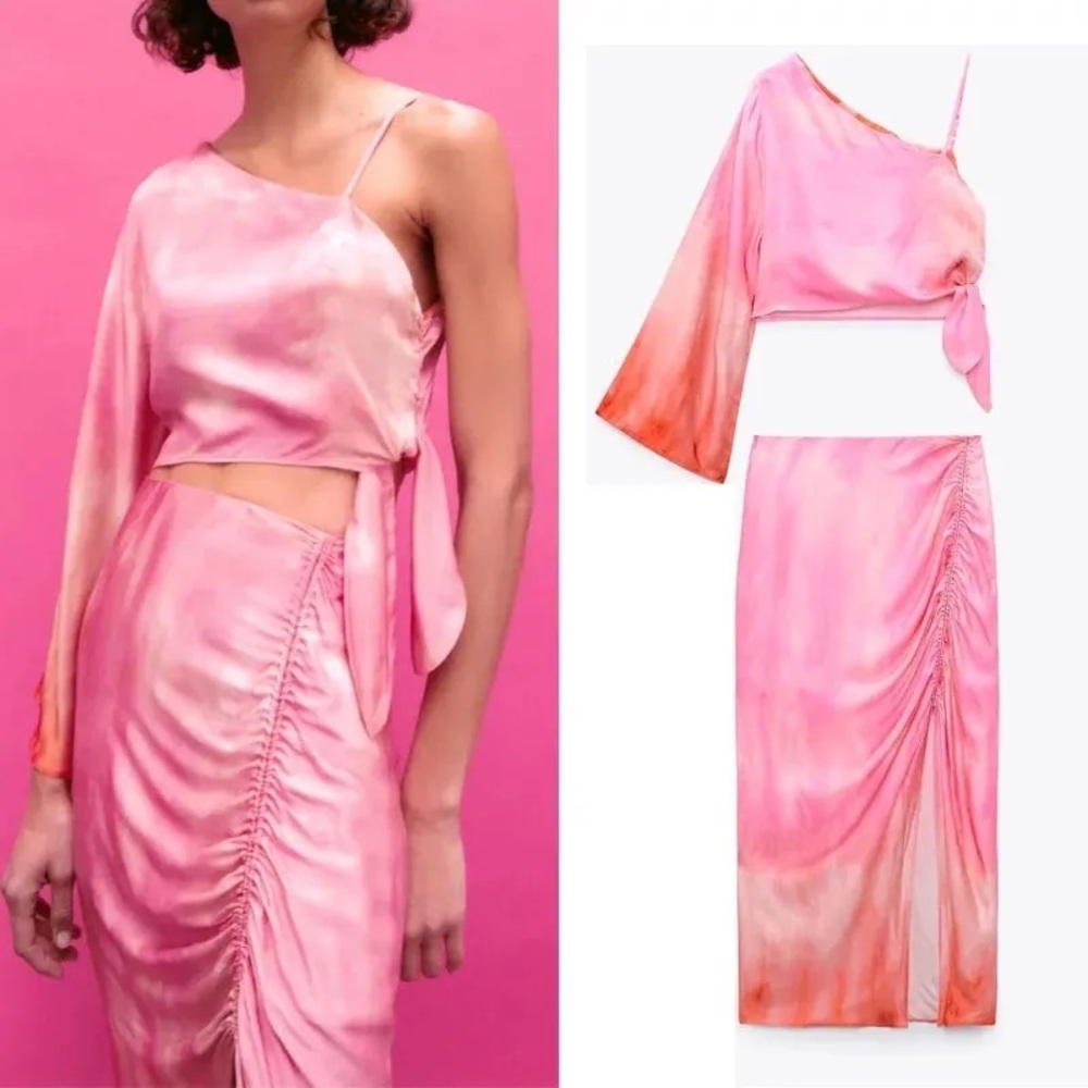 AREA ONE-SHOULDER TOP & SLIT SKIRT SET IN PINK ORANGE NWT TIE DYE $165 MSRP M/L